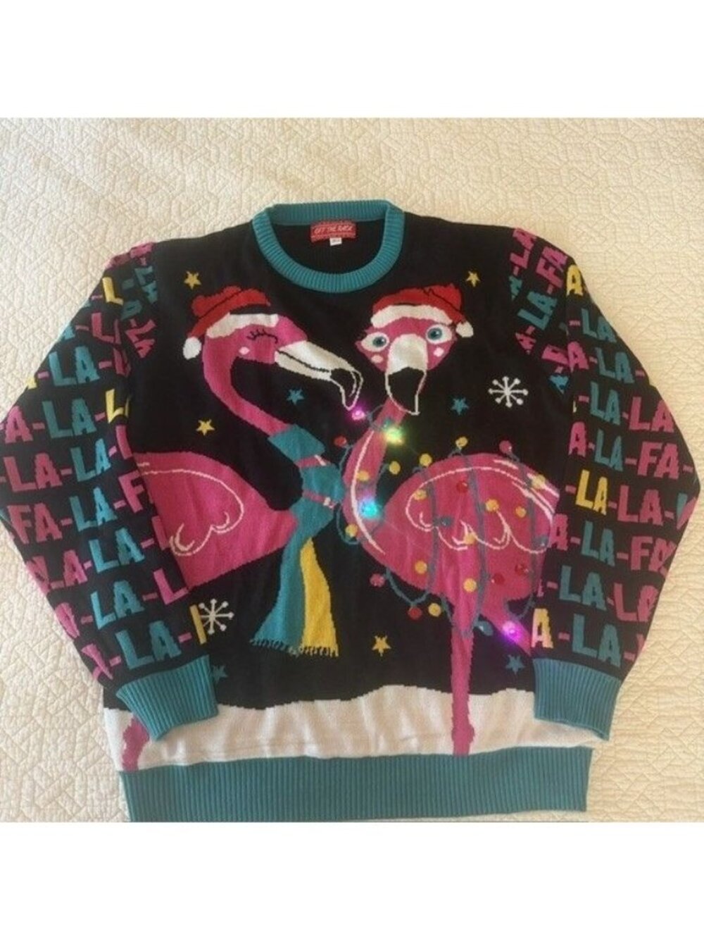 OFF THE RACK LED Lights Unisex Flamingo Shine Christmas Sweater Ugly Knit Large